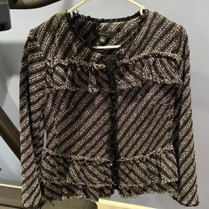 Ann Taylor Black & White Textured Fringe Tweed Blazer